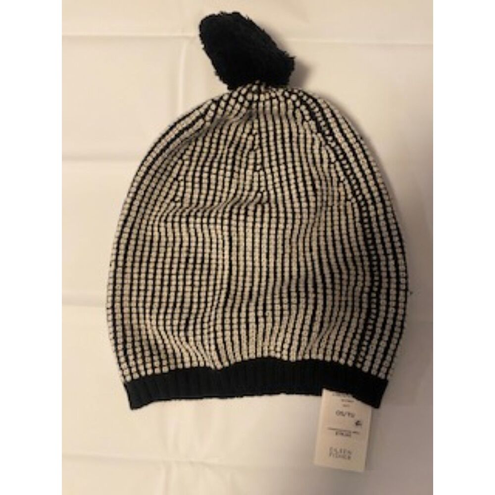NWT Eileen Fisher 100% Merino Wool Beanie Hat Pom Pom Black White OS $78